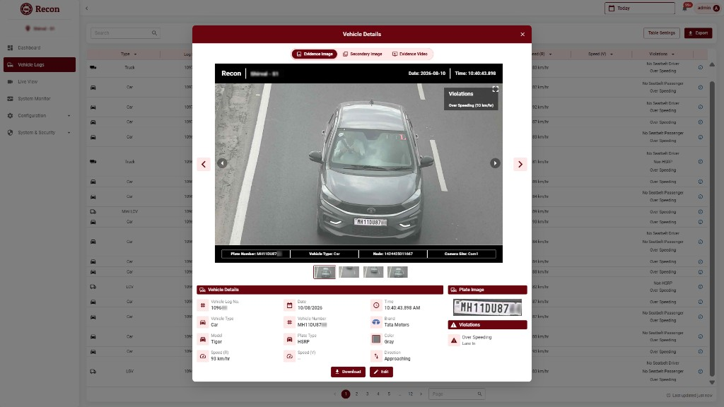 Recon vehicle details with overspeeding evidence on a highway