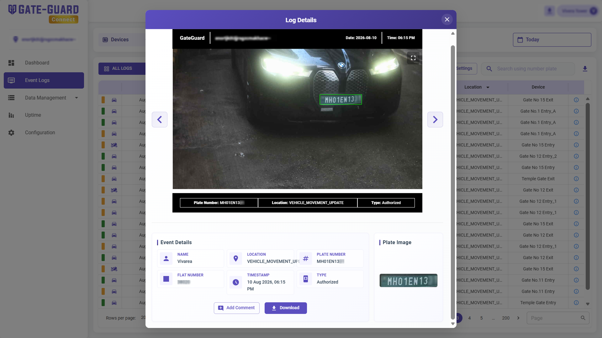 Gate security monitoring with blacklist alerts and evidence